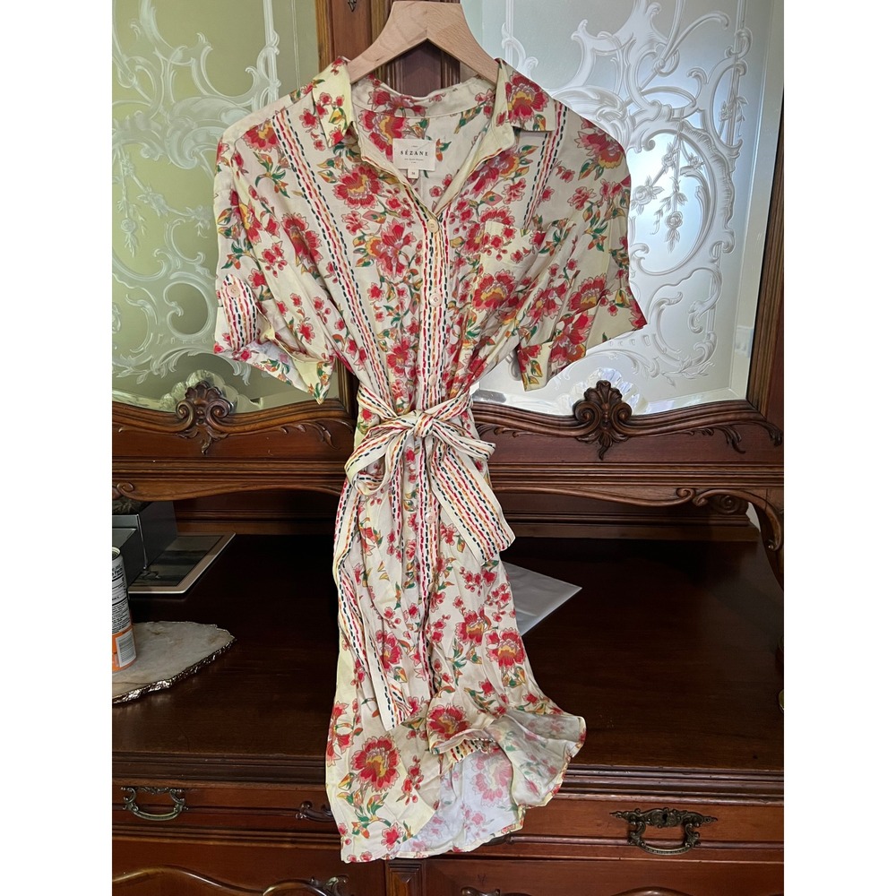 Sezane Ana Dress Fiori Rossi Floral Embroidered Shirt Dress Belted Cream Size 36 - Picture 8 of 10